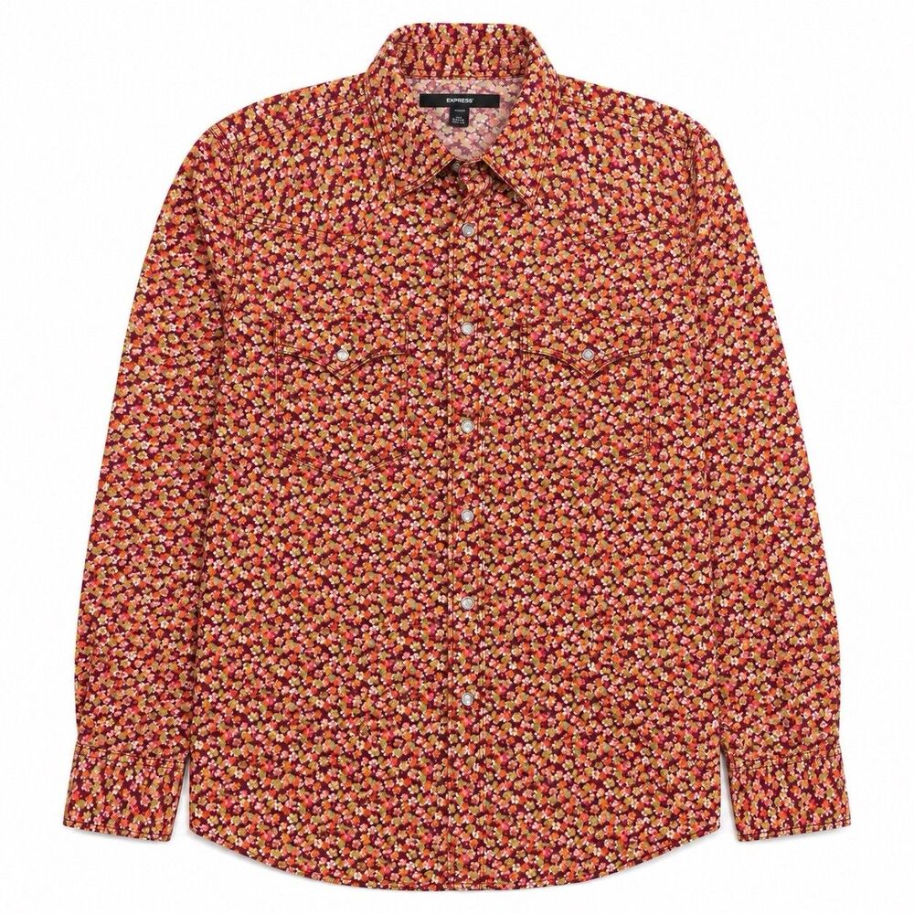 Express Womens Small Floral Pearl Snap Western Shirt Modern Fit Cowboy Rodeo
